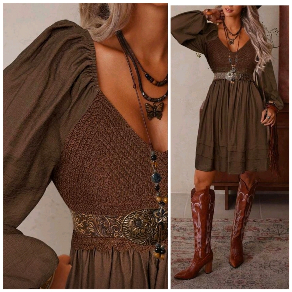 New Boho Crochet Long Sleeve Short Dress Brown